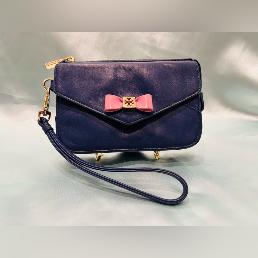 Tory Burch - Navy Blue Leather W/Pink Bow Wristlet/Wallet
